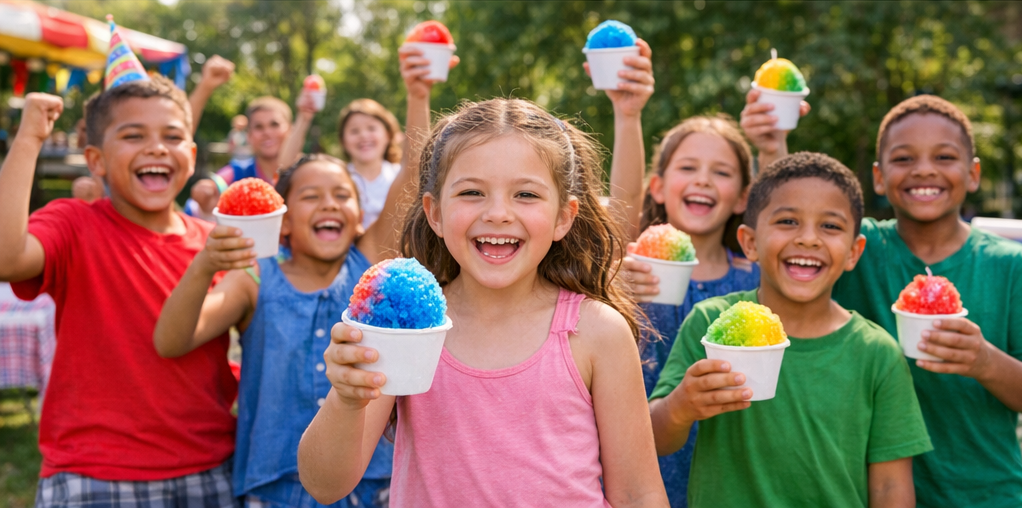 Happy kids celebrating with snoballs