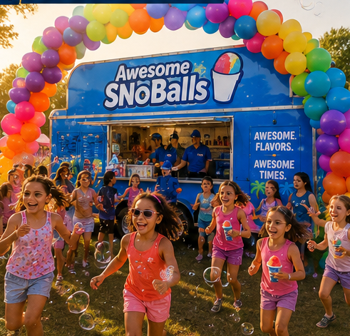 Truck at balloon event with happy kids